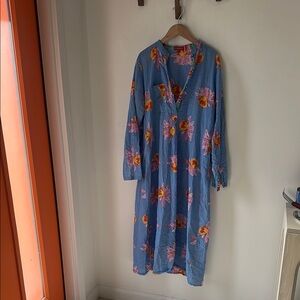 Lisa Corti Blue Floral Long Sleeve V-Neck Midi Dress